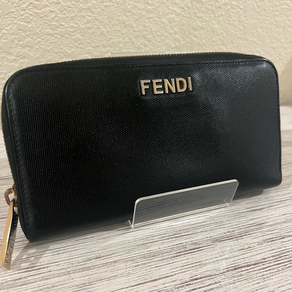 Fendi Black Zip-Around Wallet with Gold Logo